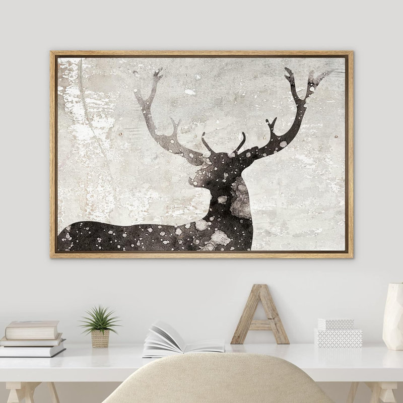 Natural Wood Framed Black and White Deer Canvas Print
