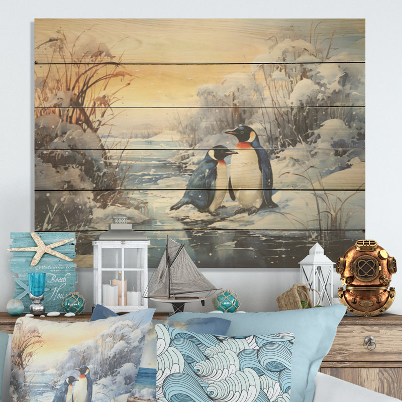 Pingouins symphonie hivernale - Art sur bois de pin naturel, H 10 po x l 20 po