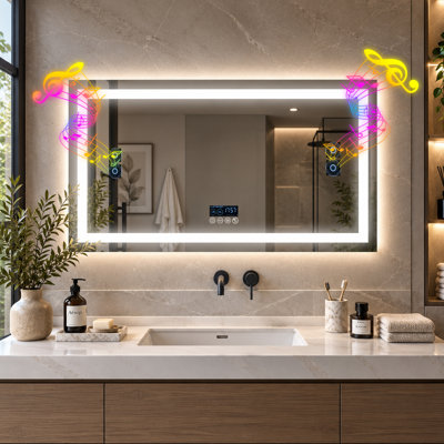 Miroir de salle de bain DEL 61 x 100 cm avec éclairage, haut-parleur Bluetooth, affichage intelligent de l'heure et de la date, traitement antibuée et miroir de courtoisie à intensité variable (3 couleurs).