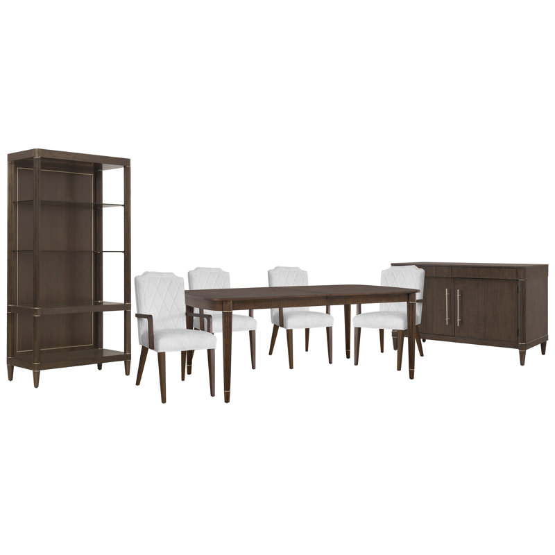 Leg Dining Table With 4 Upholstered Arm Chairs Server And Etagere, 7 Pcs: Table, 4 Chairs, Server, Etagere