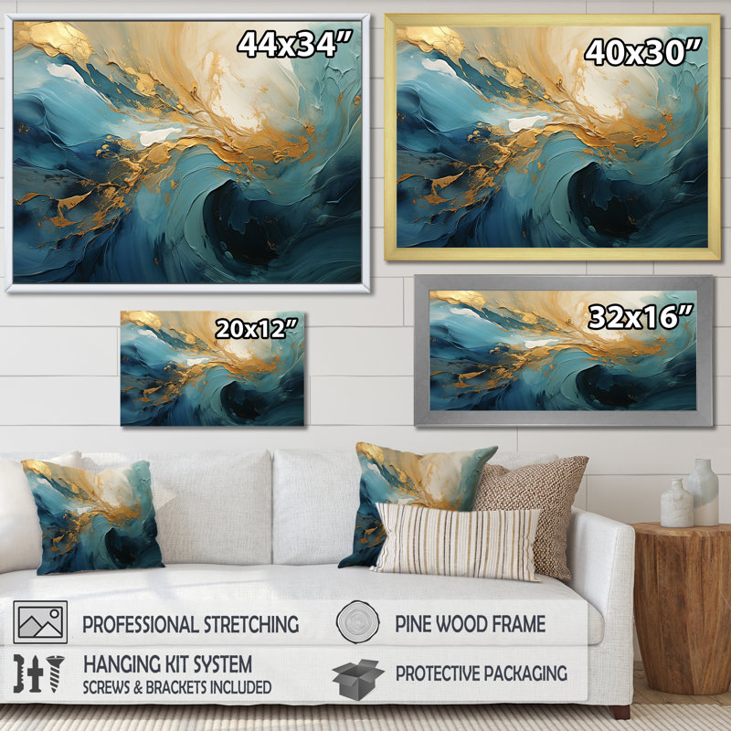Or bleu sarcelle, spirale de l'océan III - art abstrait spirales, H 30 po x l 40 po x P 1,5 po, Cadre flottant noir