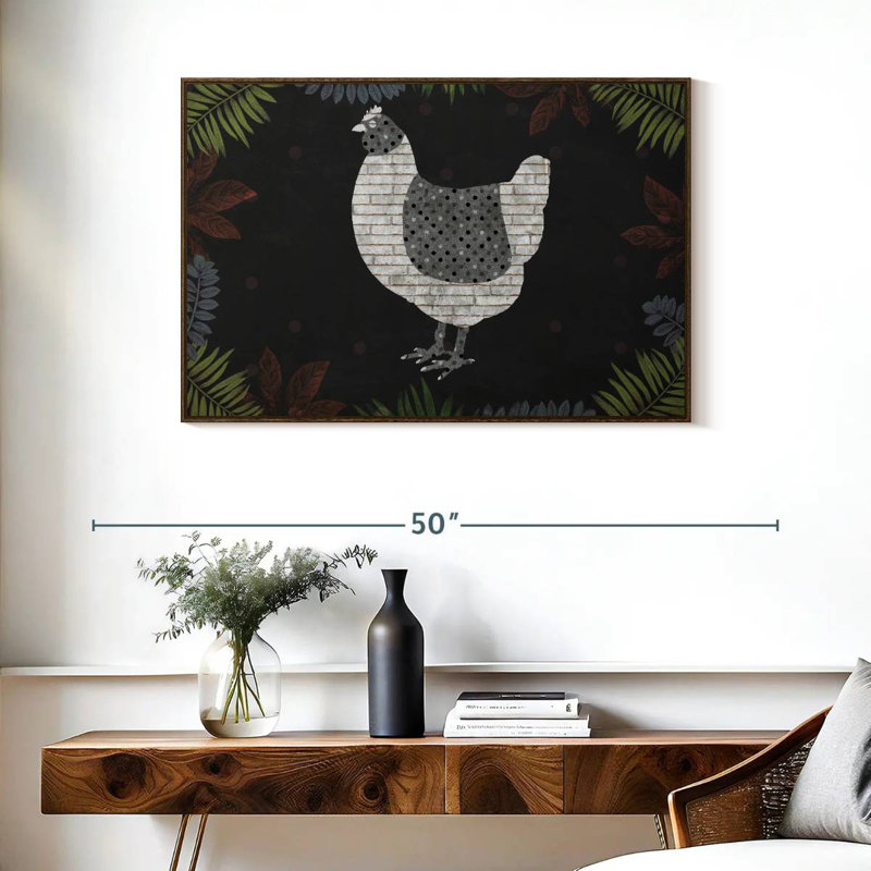 Poulet abstrait, 37 po x 25 po, Cadre flottant noyer