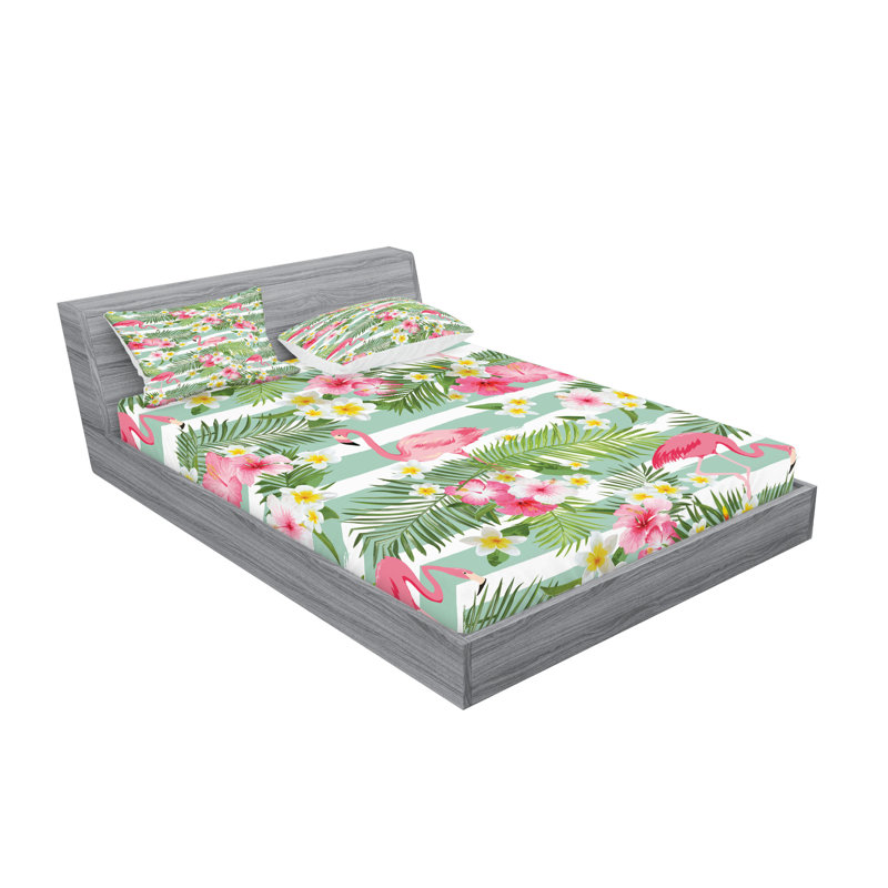 Drap-housse et coussin décoratif Ambesonne Flamingo vert rose blanc, Ensemble de draps pour grand lit + 5 pièces suppl