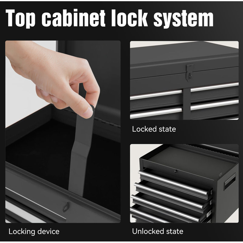 Five-drawer rolling tool storage cabinet with removable top toolbox, adjustable shelf