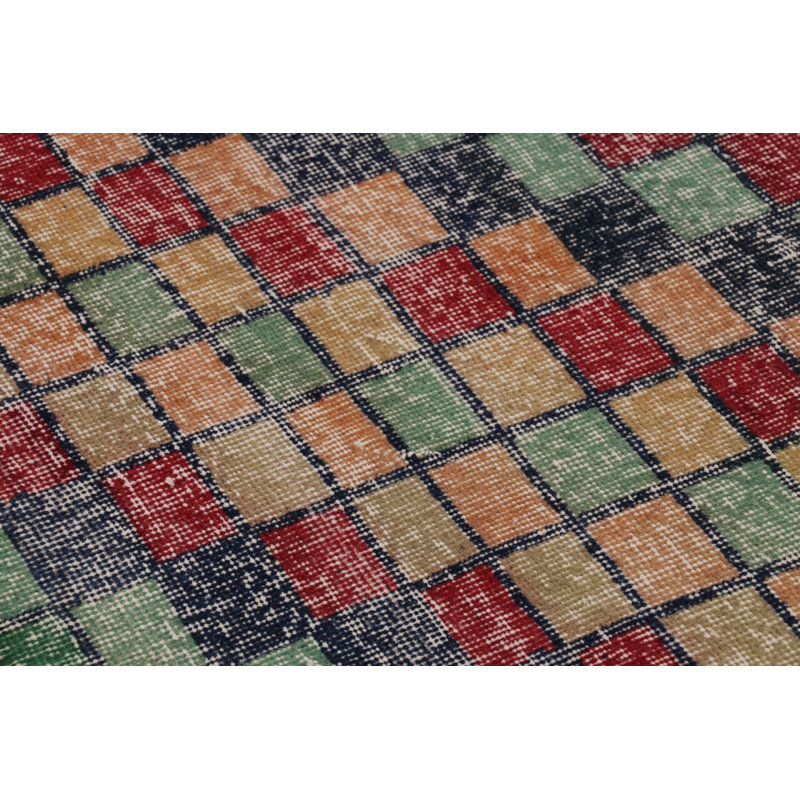 Vintage Distressed Runner Rug, Mosaic Multicolor Geometric Design - Rug & Kilim