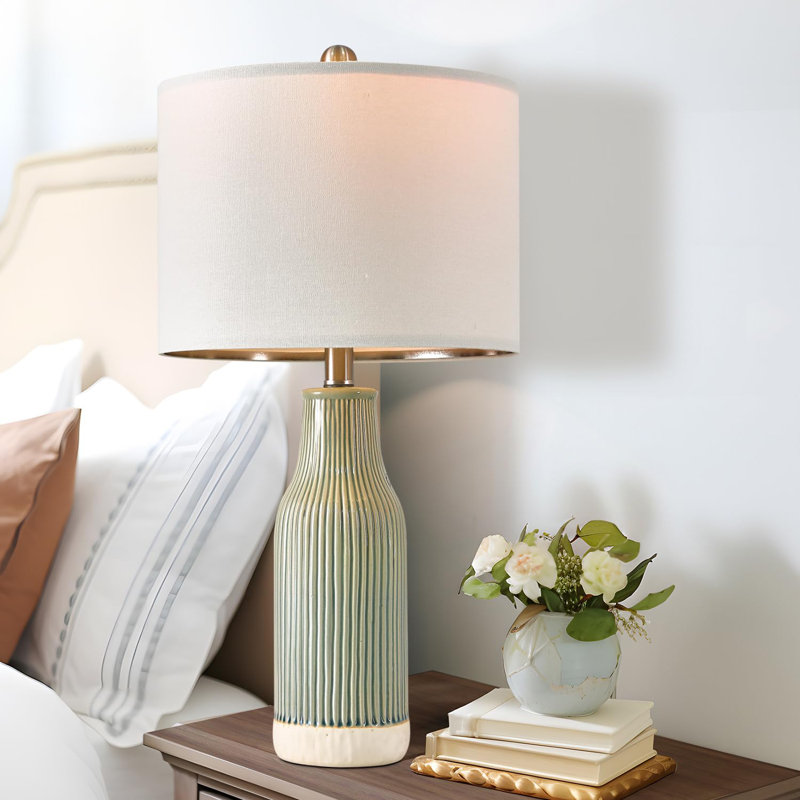 Green Ceramic Table Lamp Set with Linen Drum Shades