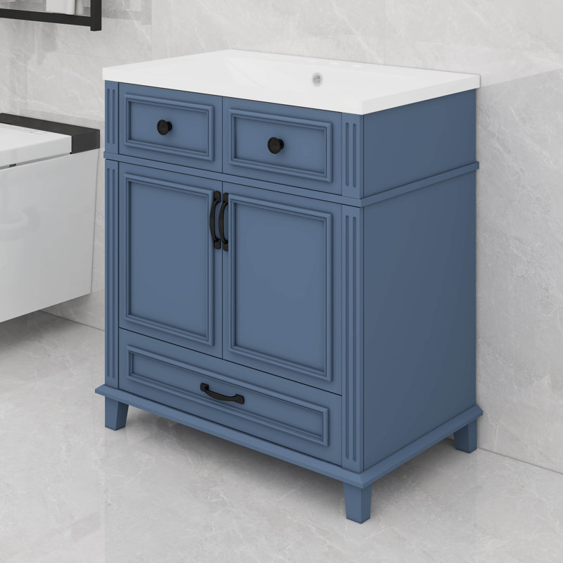 Meuble-lavabo de style rétro avec lavabo en céramique et structure en bois massif, Noir, Bleu