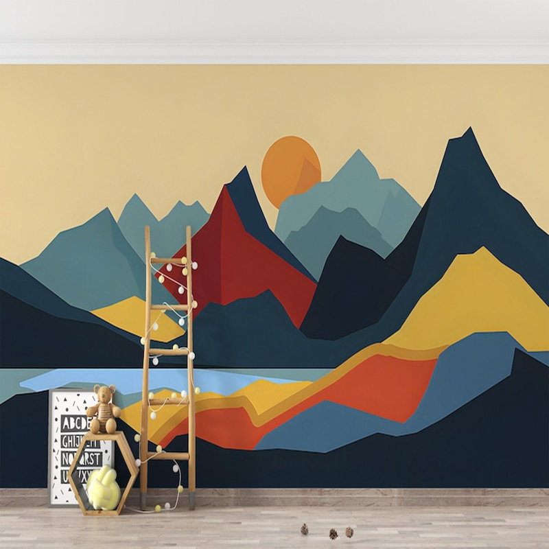 Murale géométrique paysage de montagne coloré, L 96 po x l 108 po
