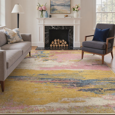 Lucchesi Gold / Pink Abstract Machine Washable Area Rug with Non-Slip Backing