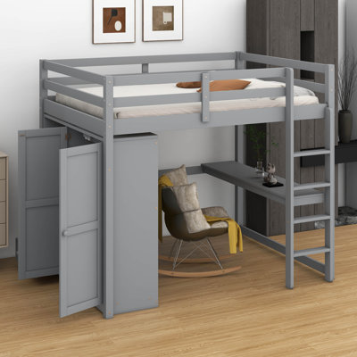 Wood Full Size Loft Bed With 2-Tier Storage Shelves,3 Drawers,Built-In Wardrobe And Desk