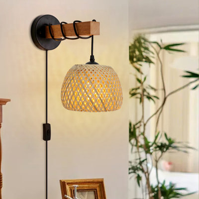 Rattan Boho Plug-in bras articulé ferme lanterne panier abat-jour en rotin pour chambre à coucher