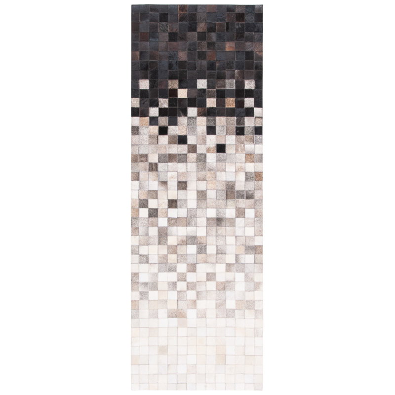 Carlino Hand Woven Leather/Felted Cloth Abstract Rug in Ivory/Black, Runner 2'3" x 8'