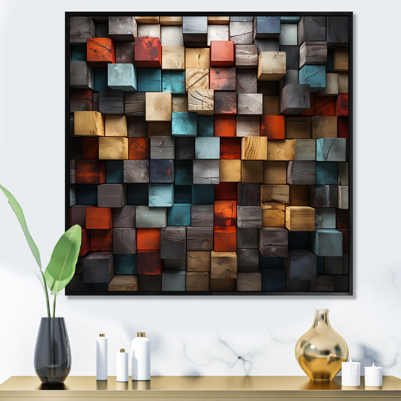 «Blue and Red Abstract Cubes IV - Abstract Cubism», reproduction d'art murale, Cadre flottant noir