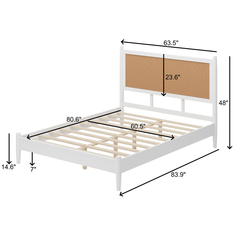 Base de lit plateforme en bois avec tête de lit en rotin, Grand lit, Blanc
