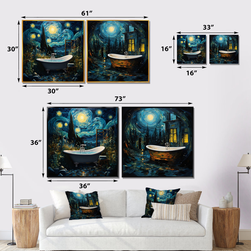 Blue Starlight Bathroom I - Bathroom Canvas Prints Set Of 2, White Floater Framed, 16" H x 33" W x 1" D