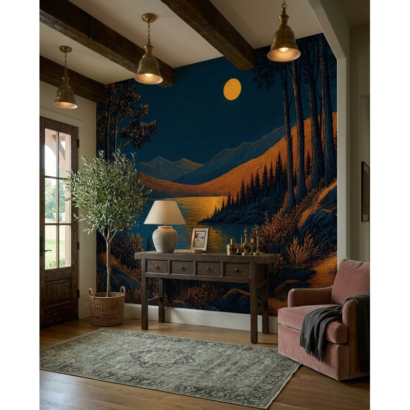 Fresque murale du lac au clair de lune, paysage nocturne de forêt de montagne, 80"x96", Non-Woven Nonpasted