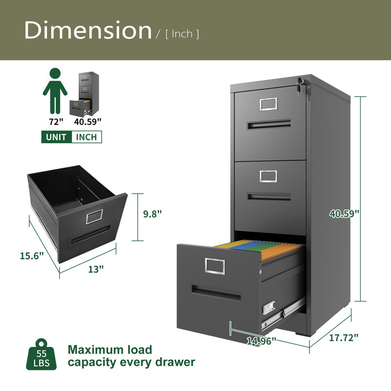 3 Drawer File Cabinet With Lock Metal Vertical File Cabinet Office Home, A4 Legal/Letter Size Narrow File Cabinet Locked,Assembly Required