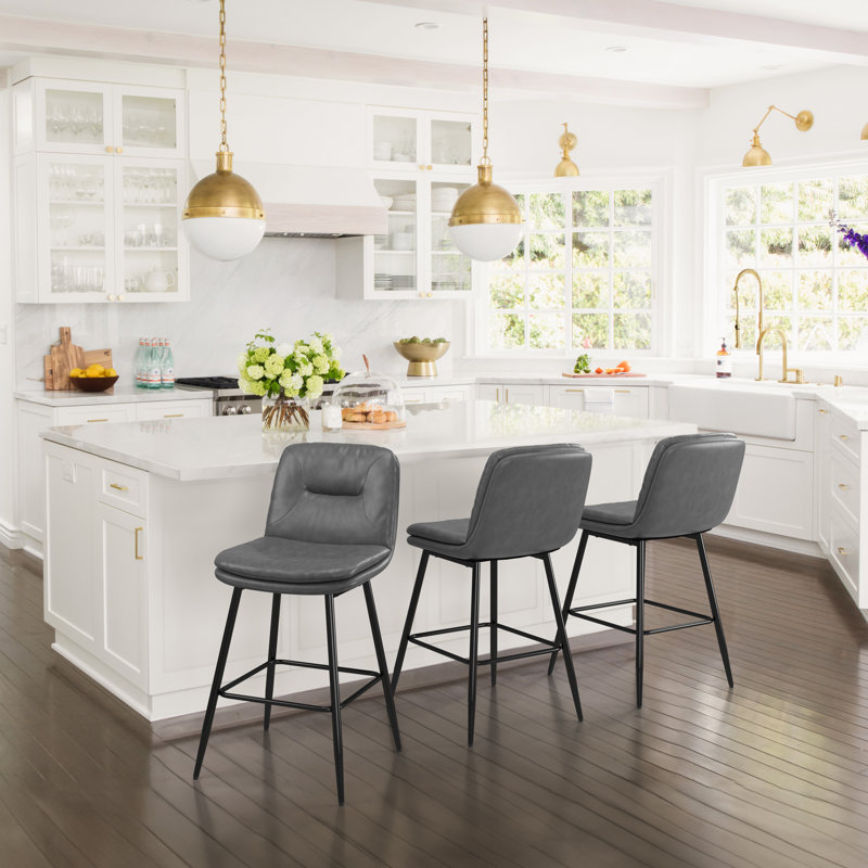 Pelayo Upholstered Leather Bar & Counter Stool, Gray, Counter Stool (24" Seat Height)