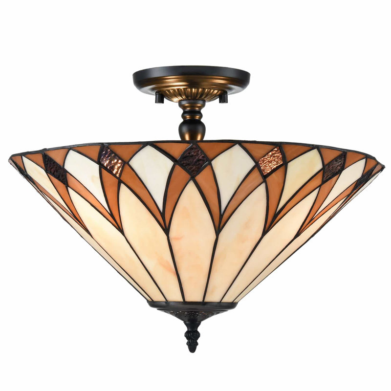 Stained Glass Semi Flush Ceiling Light, Brown