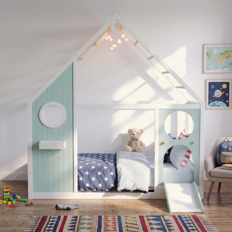 Lit maison avec glissade, bande lumineuse en forme de boule, lit plateforme en bois avec panneau avant, meubles de chambre amusants