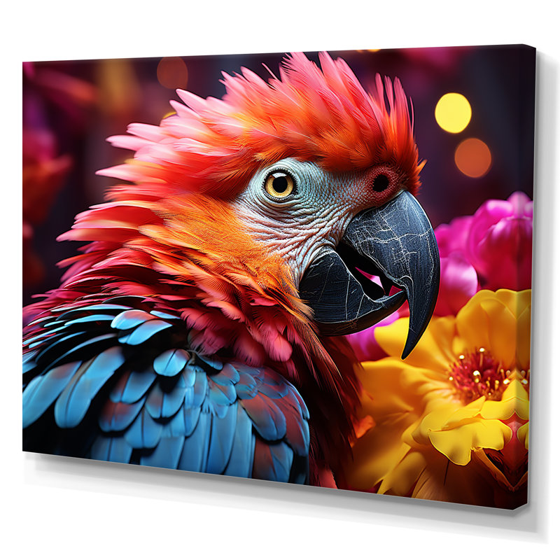 Perroquets rouges et bleus, plumage radieux, coucher de soleil I, White Floater Framed, H 16 po x l 32 po