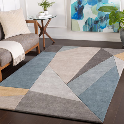 Jahiem Handmade Tufted Wool Teal/Beige Rug