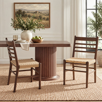 Chaise d'appoint moderne du milieu du siècle en bois massif, chaise de salle à manger à dossier échelle, avec assise tissée (ensemble de 2)