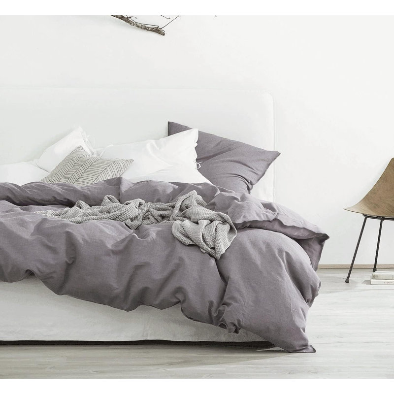 Stonewashed Cotton Solid Color Duvet Cover Set, California King Duvet Cover + 2 King Shams, Purple