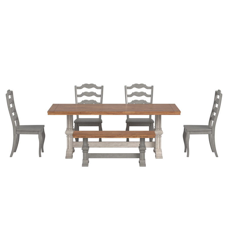 Greisofe 78" Solid Wood Oak Finish Top 6-Piece Dining Set With French Ladder Back Chairs And Bench, White, Gray