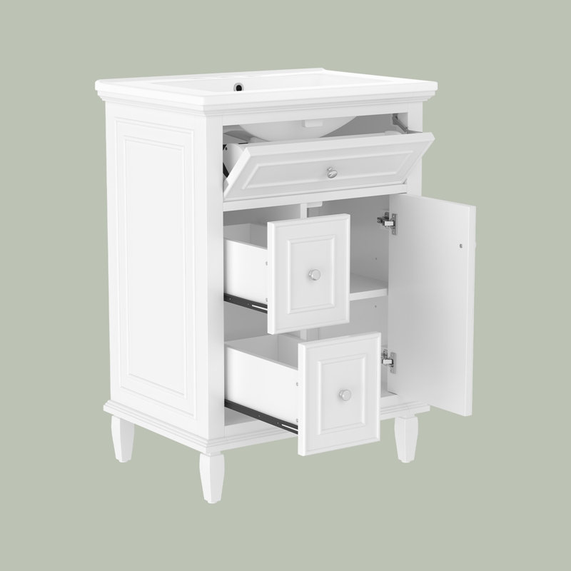 24" Bathroom Vanity Cabinet With Ceramic Sink, White