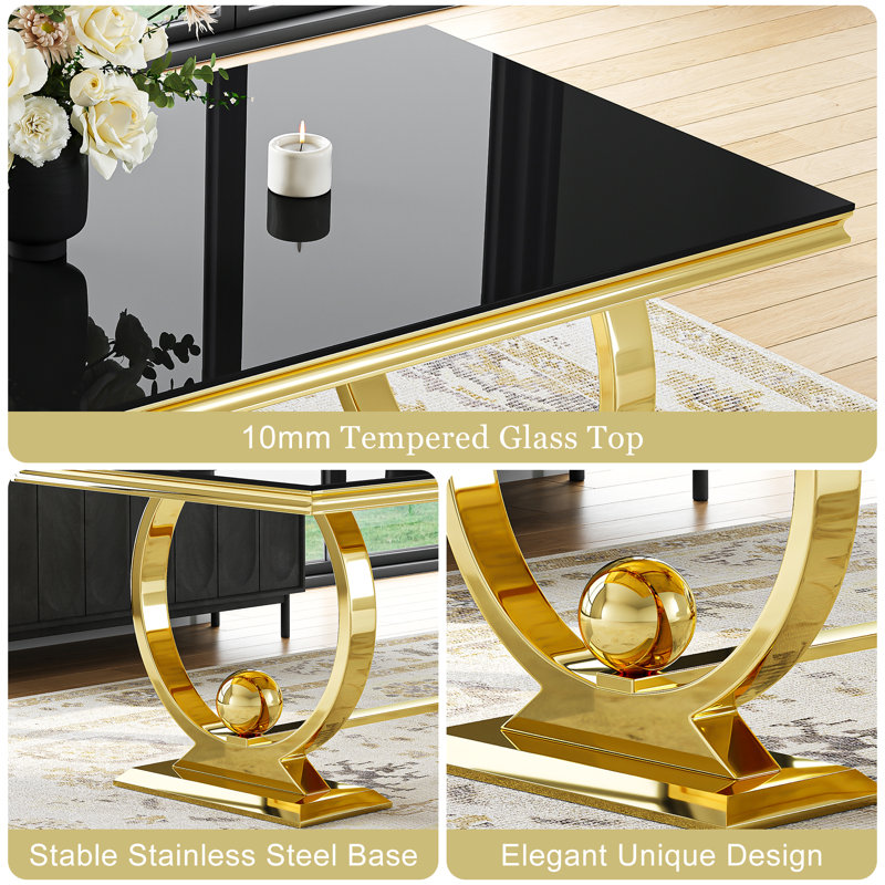 70" Glass Dining Table Set Of 7, Double U-Shaped Polished Stainless Steel Base, 10Mm Thick Tempered Glass Top And Velvet Upholstered Nailhead Chairs