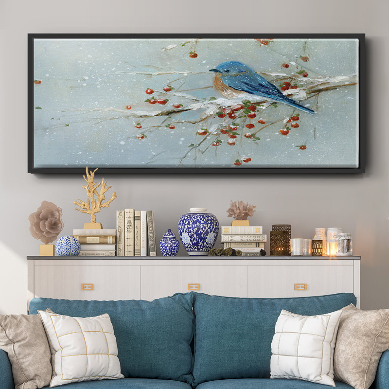 Oiseau bleu en hiver - toile encadrée, H 20 po x l 50 po