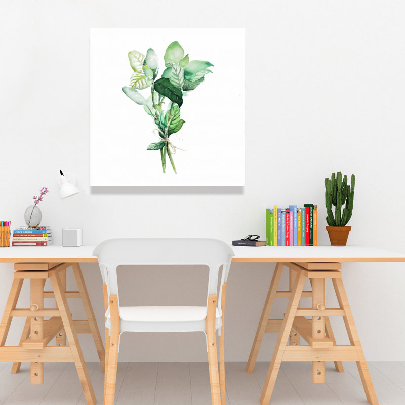 Toile de feuilles de basilic attachées | Décoration murale de cuisine blanche