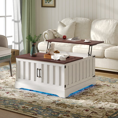 Table basse à plateau relevable Farmhouse avec rangement et lumières DEL pour le salon