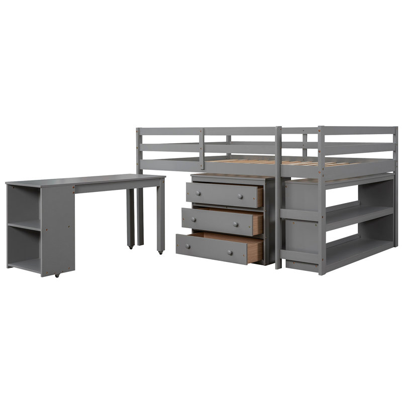 Lit mezzanine basse avec armoire, tablettes et bureau portable roulant, lit multifonctionnel, Gris