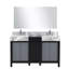 Meuble-lavabo double noir et gris l 55 po x P 22 po, comptoir en marbre gris château, ensemble de robinets chromés et miroir de 53 po