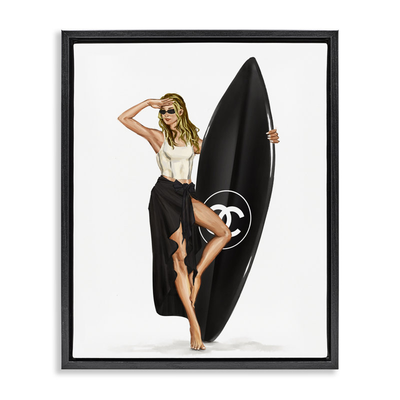Trendy Surfer Girl dans un cadre flottant noir, design par Ziwei Li, Cadre flottant noir de jais, H 21 po x l 17 po