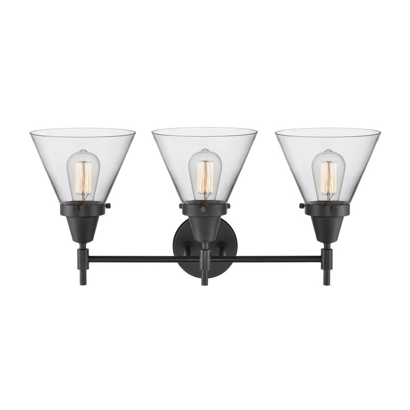 Caden Cone - 3 Light 26" Bath Vanity Light, Matte Black, Clear, 60 Watt Vintage Incandescent Bulb