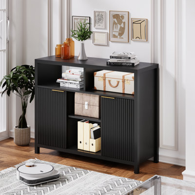 Modern Minimalist Sideboard Buffet Cabinet With Fluted Doors And Open Shelves, Console Table With Wire Management And Gold Handles For Living Room Or by Ebern Designs
