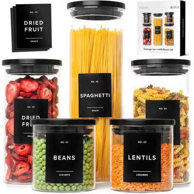 Glass Storage Jars with Black Lids [Extra-Thick Glass] — Includes 54 Labels — Ideal for Pantry Storage