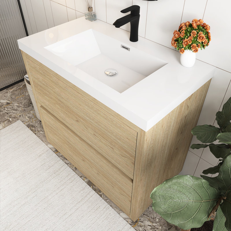 Meuble-lavabo sur pied 36 po avec lavabo, Bois de chêne naturel