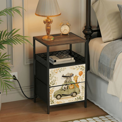 Table de chevet 2 tiroirs avec station de charge, table de chevet pour chambre avec ports USB et amp; Table de chevet noire Outlets