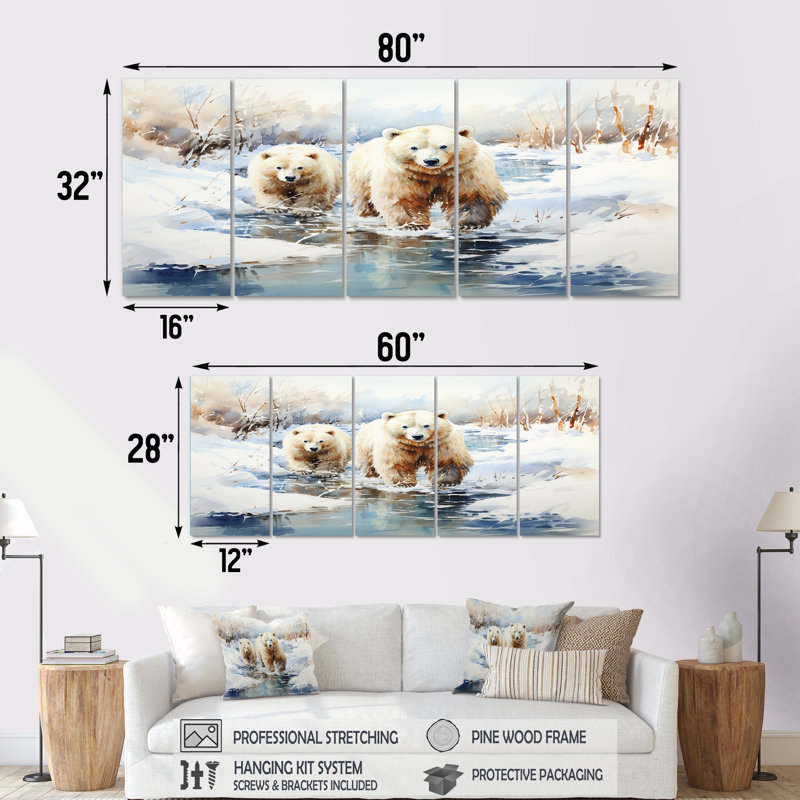 «Snow Snow Bears In Winter I - Bear», art mural 5 pièces, H 28 po x l 60 po