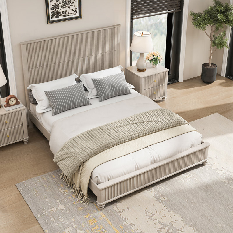 Structure de lit en bois massif avec tête de lit, Grand lit, Beige