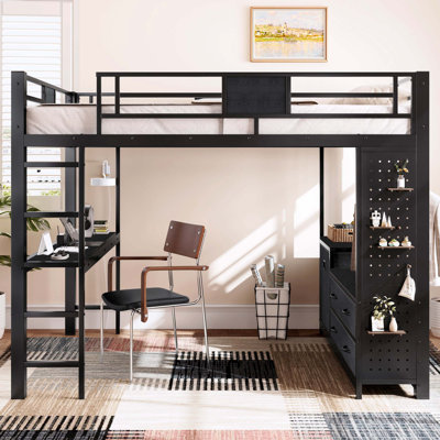 Grand lit mezzanine en métal avec bureau et tablettes de rangement, tringle à vêtements encastrée, panneau perforé et sac à linge, mezzanine pour adultes pour les dortoirs, noir
