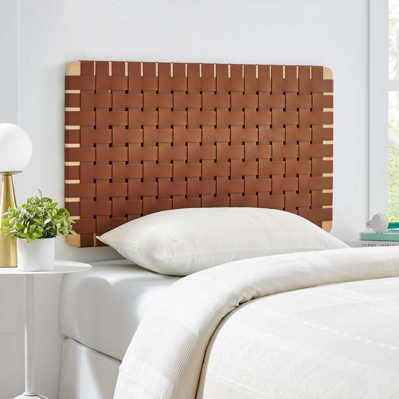 Natural Brown Twin Wood and Vegan Leather Woven Headboard