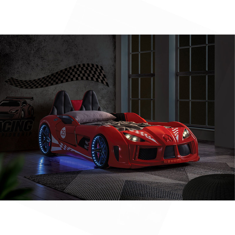Red Finish Twin Size Race Car Design Bed Modern Novelty Style Attached Two Magnetic Doors With LED Lights On Wheels And Bottom Upholstery Headboard And Sides