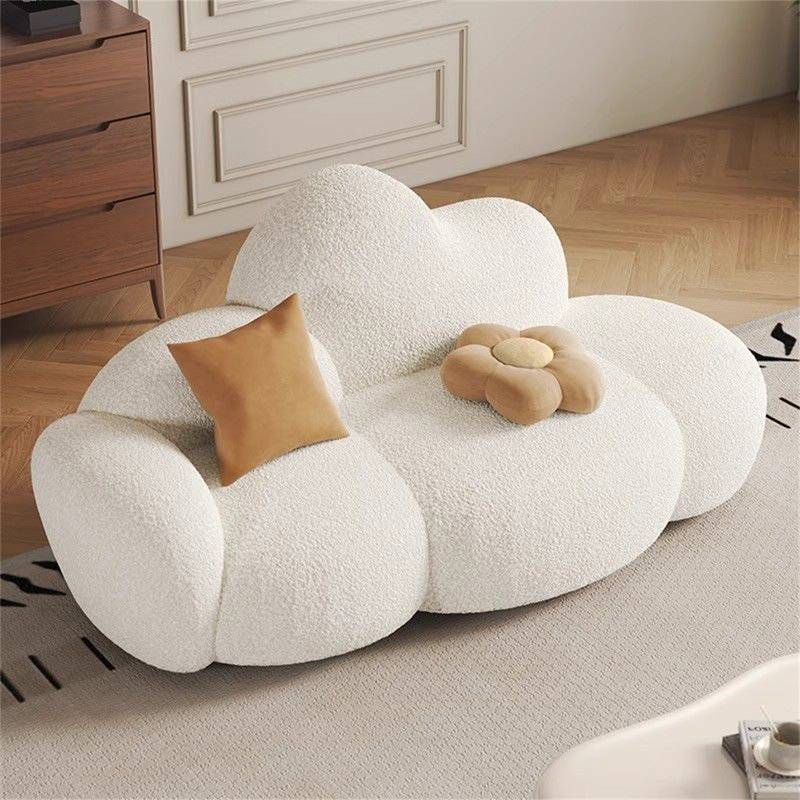 Modern Cream Cloud-Shape Sheepskin Fabric Sofa with Soft Cushions for Living Room, Bedroom or Boutique Lounge, White Velvet
