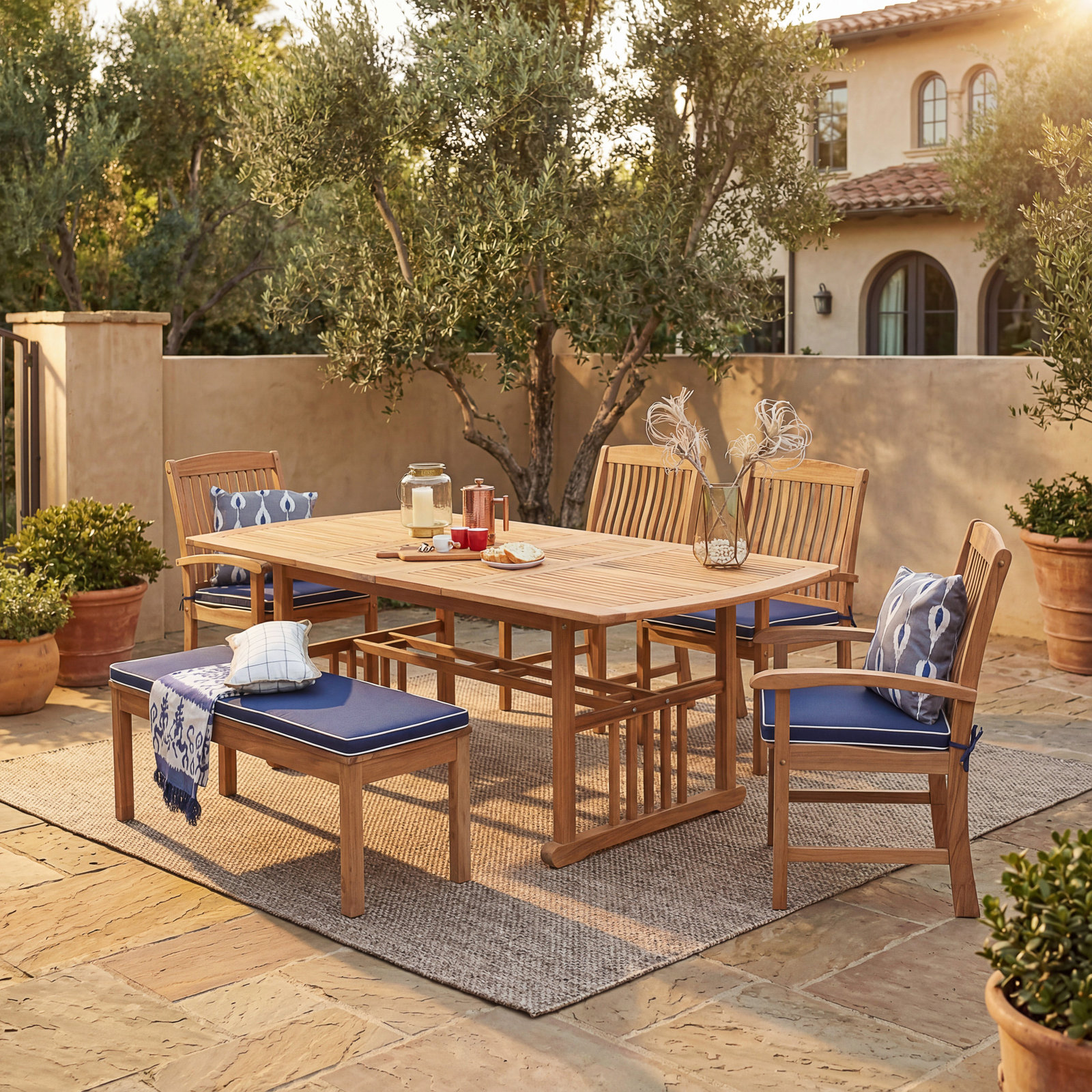 Narelle Rectangular 6 - Person Teak Outdoor Dining Set with Cushions, Navy White Piping
