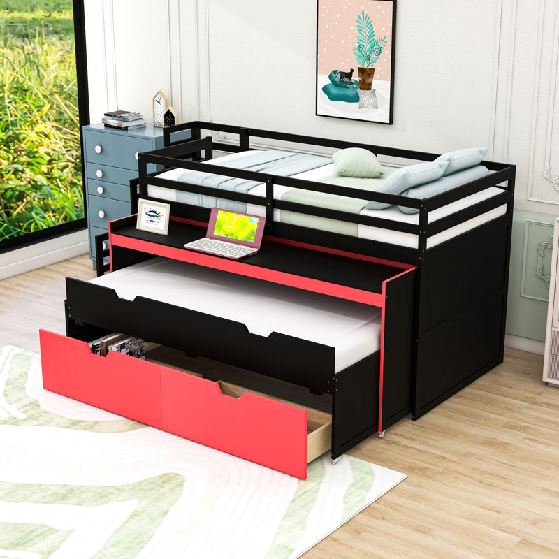 Lit mezzanine avec bureau, lit gigogne et 2 tiroirs de rangement, Extra Long Twin, Black Red